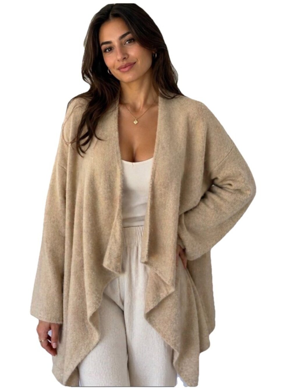 New Eileen Fisher Ecru Peppered Organic Cotton Wool Open Waterfall Cardigan